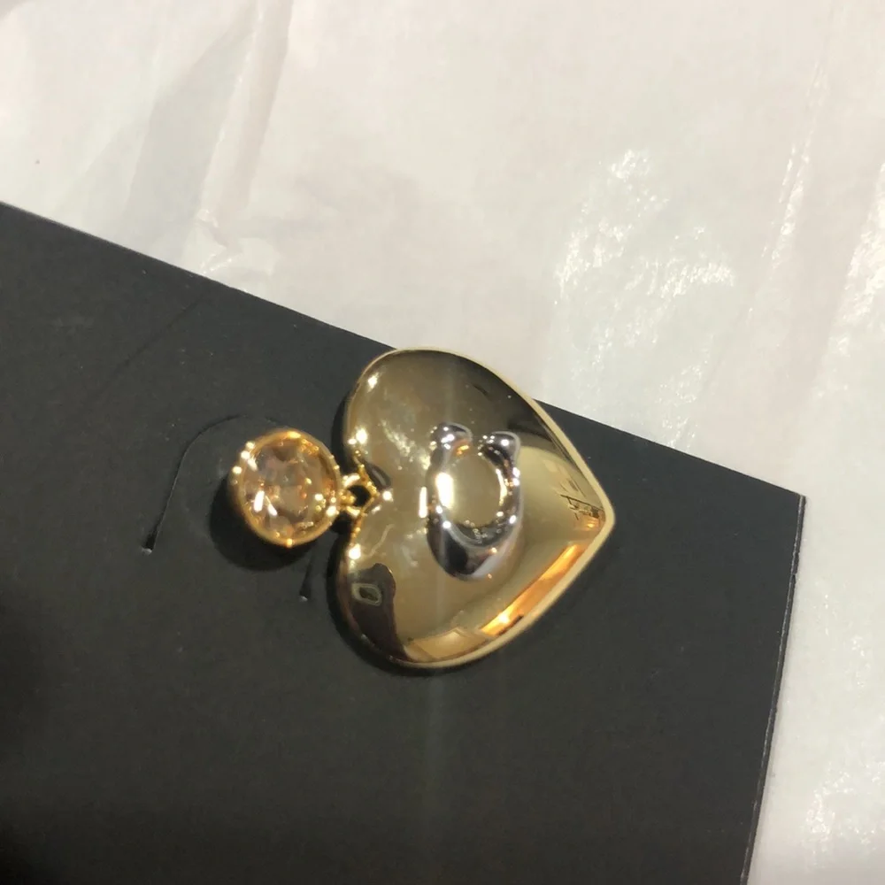 Coach gold plated puffy heart shape citrine gemstone look dangling stud earrings - Picture 3 of 14